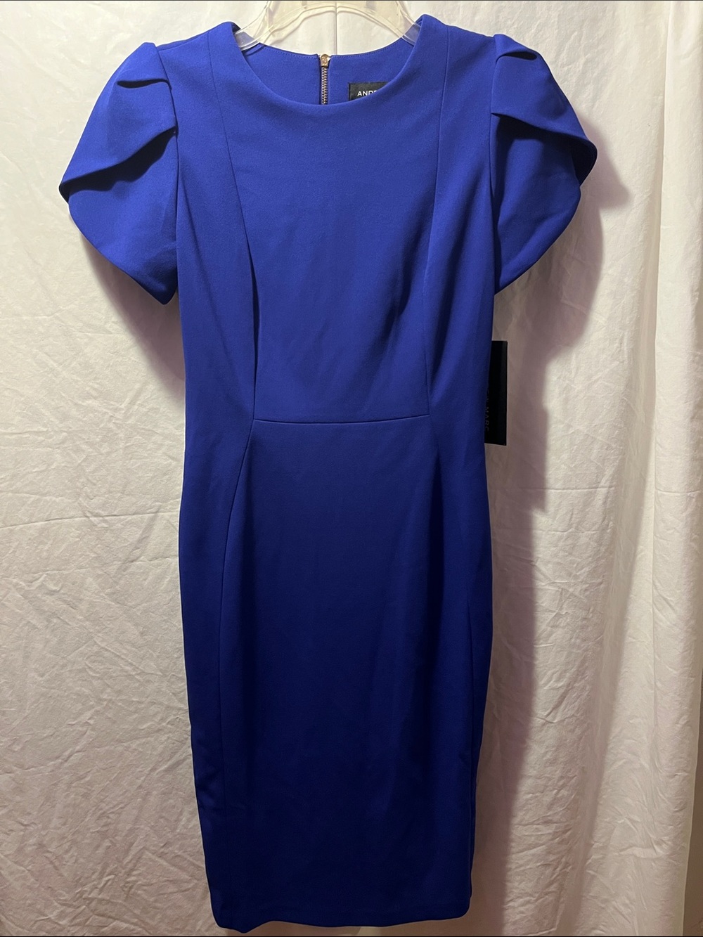 Andrew Marc Royal Blue Midi Sheath Dress with Pleated Cap Sleeves